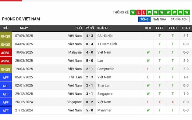 Phong độ gần đây đội Việt Nam