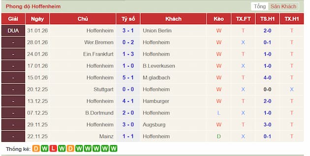 Phong độ gần đây đội Hoffenheim