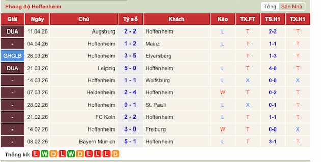 Phong độ gần đây Hoffenheim
