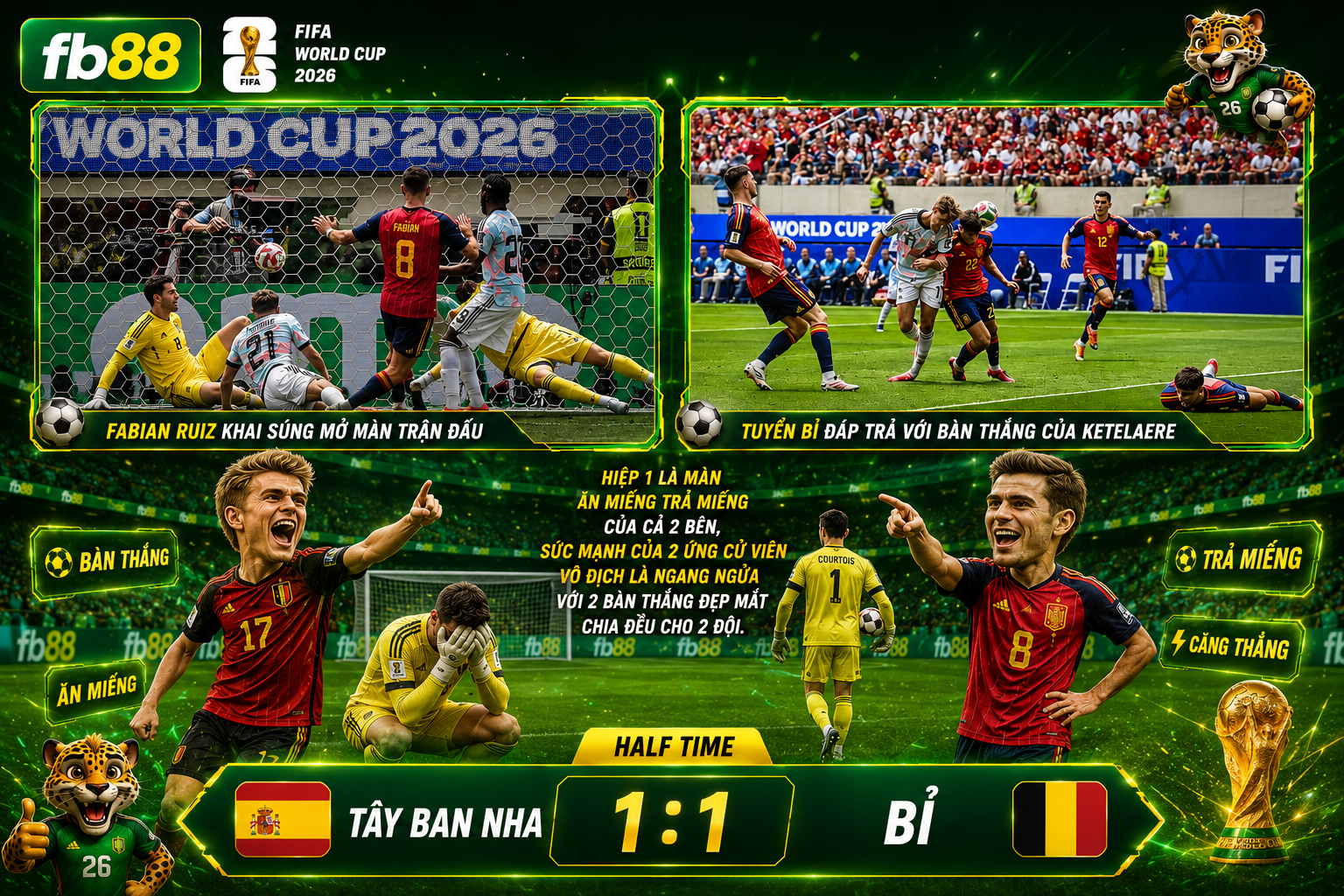 Tây Ban Nha vs Bỉ HIệp 1 Tứ Kết World Cup 2026